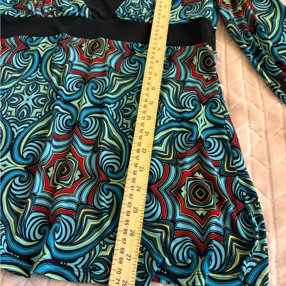 Vtg 70s Bisou Bisou Psychedelic Geometric Empire Waist Bell Sleeve Top Size L - Picture 14 of 15